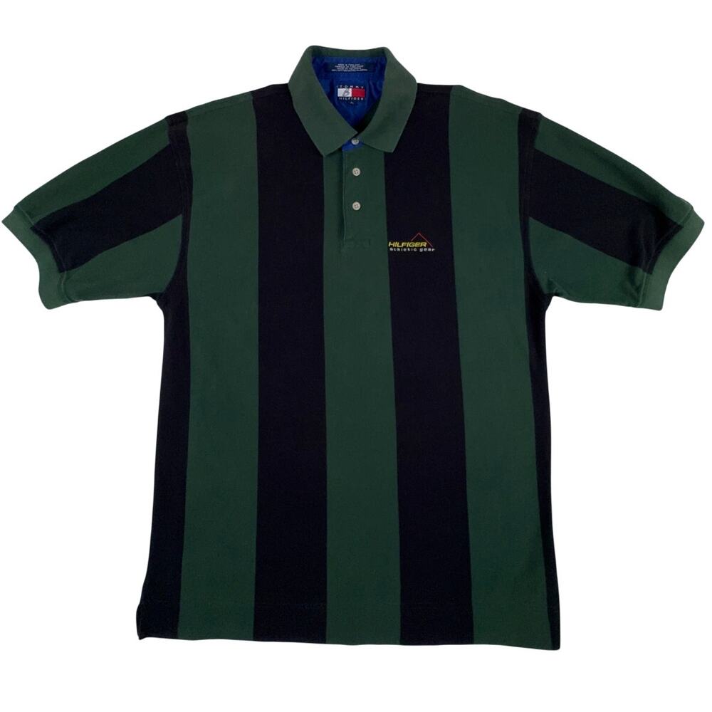 Vintage 90s Tommy Hilfiger Athletic Gear Polo Shirt Large Green Black Stripe